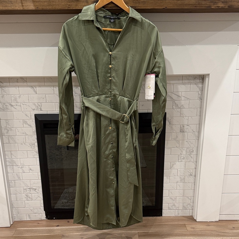 French Connection Olive sage green Long Sleeve button Dress